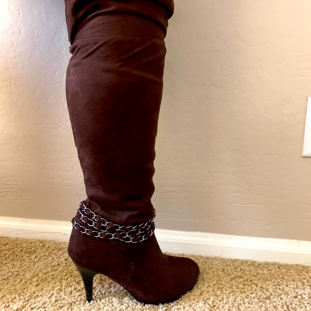Brown Suede Knee High Boots with chain accent